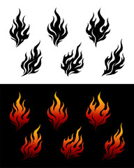 Isolated black fires silhouettes, fire flames icons. Monochrome burn heat elements, hot campfire . Doodle decent vector symbols