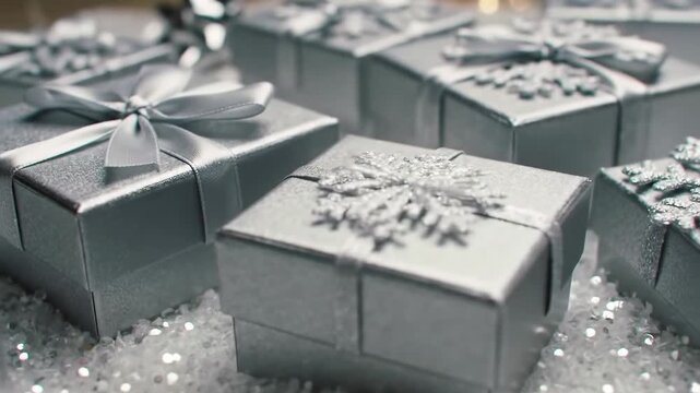 Close-up of several silver gift boxes adorned with snowflakes and ribbons