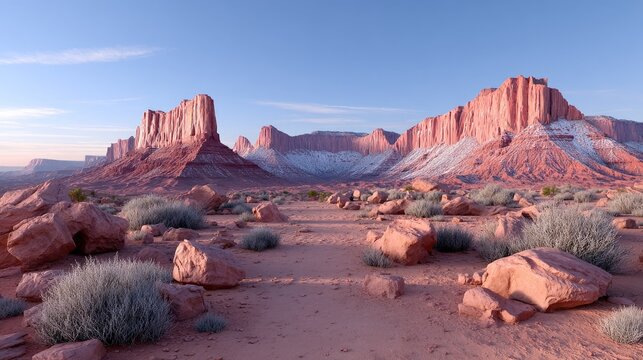 Arid Desert Landscape with Red Rock Formations and Sparse Vegetation under a Clear Sky in Warm Sunset Lighting