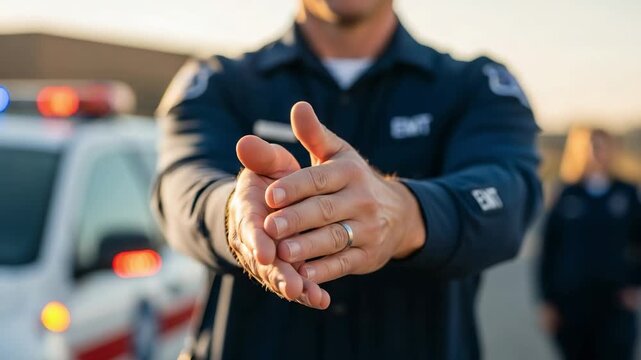 Dedicated male EMT with hands clasped, ready to assist, standing near an emergency vehicle at sunset.