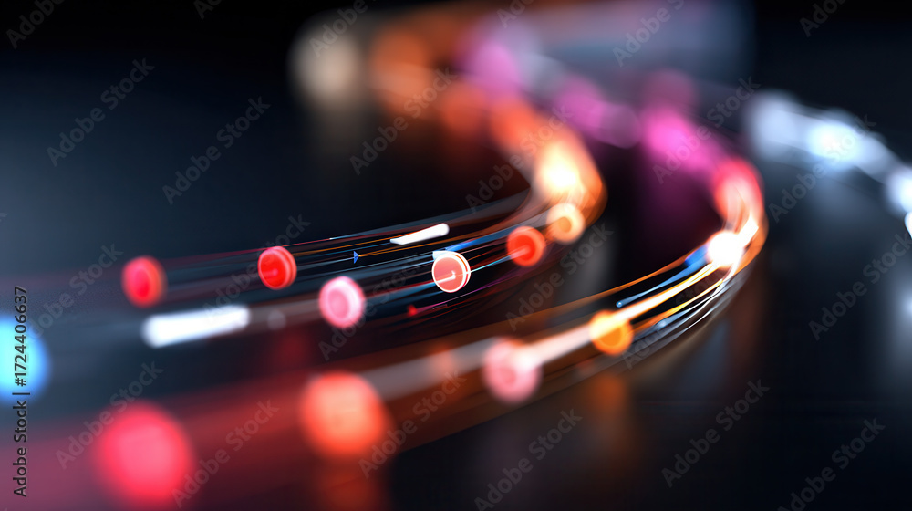 Aufkleber fiber optic cables glowing with colorful light trails in dark setting, creating vibrant and dynamic 