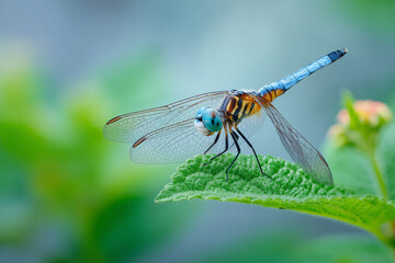 .Blue Dragonfly on Green Leaves