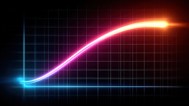 Neon glowing curve graph on dark grid background showing growth trend with vibrant blue pink and orange colors