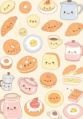 Adorable Kawaii Breakfast Food Illustration.