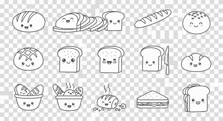Cute cartoon illustrations of various bread and bakery items, including loaves, slices, and sandwiches.
