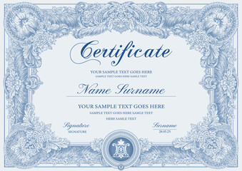 Certificate, Diploma of completion (design template, white background) with blue Frame, Border and emblem