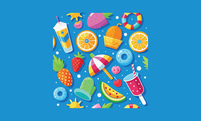 Fototapeta premium Summer Fruits and Refreshing Drinks Flat Design Illustration
