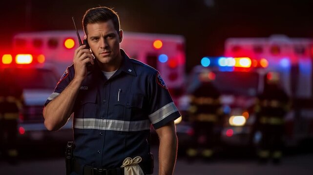 Emergency Responder Male Paramedic in Uniform Using Radio at Night with Ambulances and Lights Background