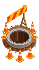 Isometric view of a  construction site hole.  Safety barriers in place