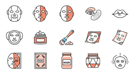 Set of icons depicting various skincare treatments, including masks, eye patches, and lip care products in a minimalist style.