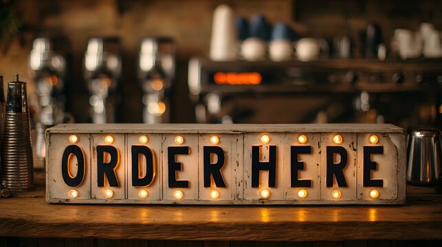 Vintage illuminated order here sign in coffee shop.