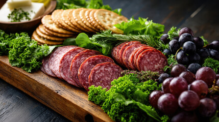 Savory assortment of cured meats, fresh greens, and crunchy crackers elegantly arranged on a rustic wooden platter, garnished with grapes and cheese for a delightful snack.