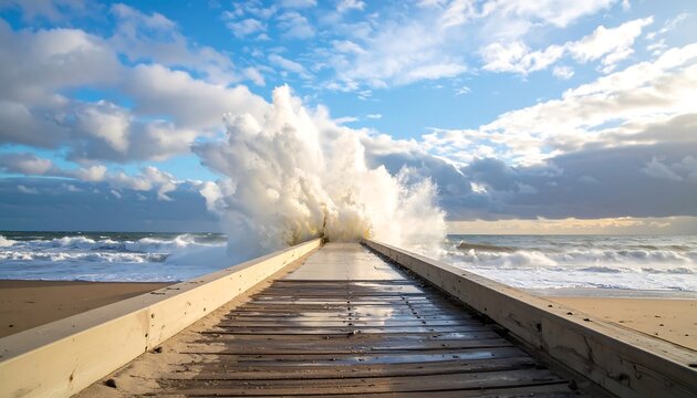 Powerful waves crashing over a wooden pier