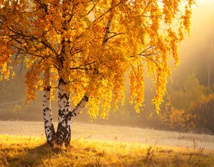 Autumn birch tree bathed in golden sunlight