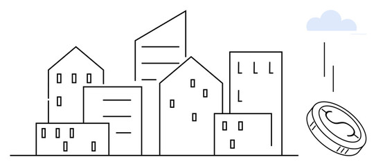 City skyline of diverse buildings with falling coin symbolizing financial growth, property investments, and urban development. Ideal for real estate, economy, business, banking, savings, urban