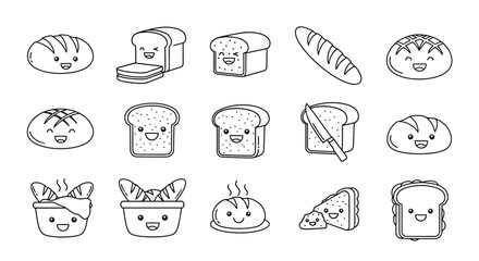 Cute cartoon bread collection: various loaves, slices, and pastries with happy faces.