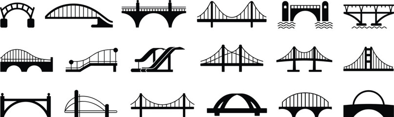 Bridge icon collection vector illustration set with modern architectural designs suspension arch construction silhouette isolated black white design elements
