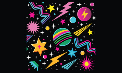 Neon Space Retro Pattern with Planets and Stars