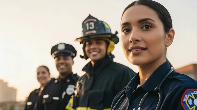 Diverse group of smiling young adult first responders including a female paramedic, male firefighter, and police officers, standing together in uniform, representing public safety.