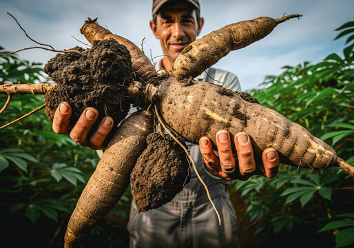 Colono del campo sosteniendo una planta enorme de mandioca reci&eacute;n cosechada, agricultura sostenible.