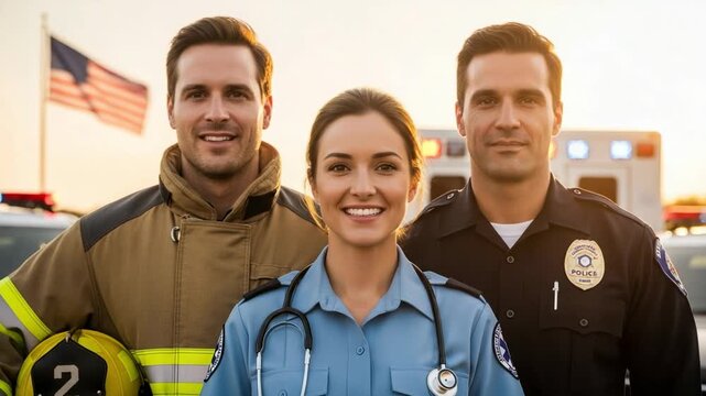 Proud young adult Caucasian male firefighter, female doctor, and male police officer smiling outdoors with emergency vehicles and an American flag in the background.