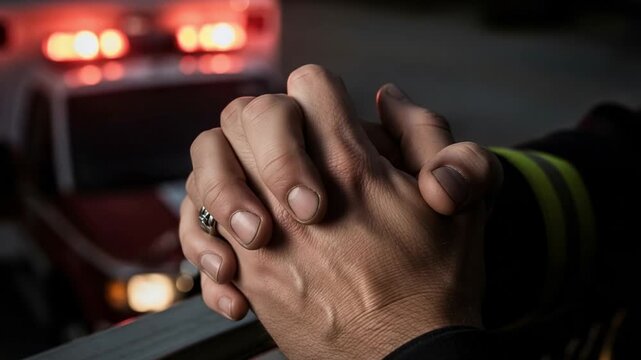 First Responder's Clasped Hands in Prayer or Deep Contemplation, Reflecting on an Emergency Situation with a Blurry Ambulance in the Background