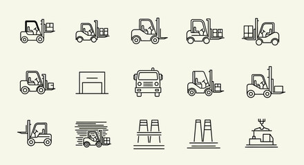 A collection of simple line-art icons depicting forklifts, trucks, warehouses, and industrial structures.