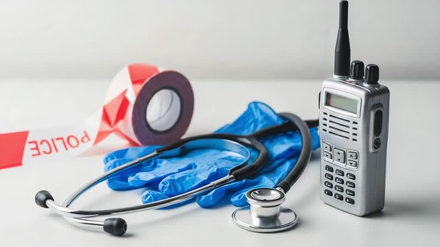 Essential equipment for emergency services and crime scene investigation, featuring a stethoscope, blue medical gloves, police tape, and a walkie-talkie, arranged on a clean white surface.