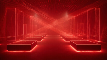 Bright Red Laser Beams in Dark Futuristic Room with Light Rays, Generative AI
