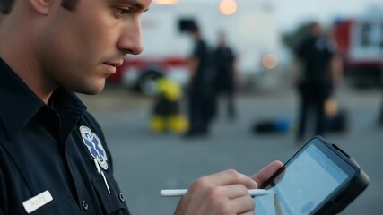Focused young adult Caucasian male police officer or paramedic diligently using a digital tablet with a stylus at an outdoor incident scene. - Powered by Adobe