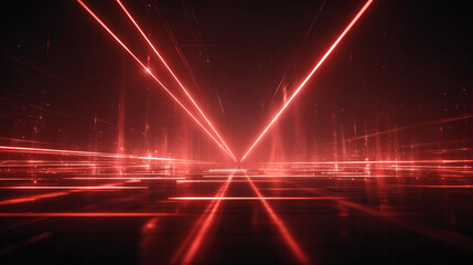 Bright Red Laser Beams in Dark Futuristic Room with Light Rays, Generative AI
