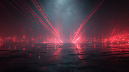 Bright Red Laser Beams in Dark Futuristic Room with Light Rays, Generative AI
