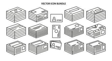Isometric vector icons depicting stacked paper, envelopes, and identification cards in a bundle.