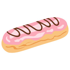Pink icing eclair pastry illustration with chocolate drizzle, perfect for dessert menu, bakery, cafe, and sweet snack concept.
