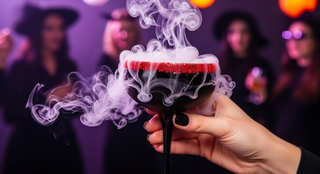 A black cocktail glass filled with smoking liquid held by a hand with black nail polish