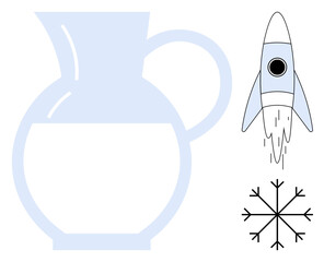 Rocket blasting off near pale blue pitcher and black snowflake. Ideal for innovation, science, creativity, exploration, growth concept, technology, and minimal design. Simple flat metaphor