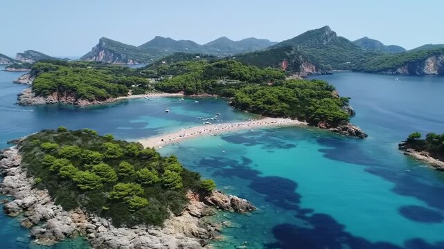 Stunning coastal view of a turquoise bay with a sandy isthmus and lush greenery