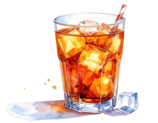 High-detail 8K PNG of a hand-painted watercolor illustration of a tall clear glass fi 11235