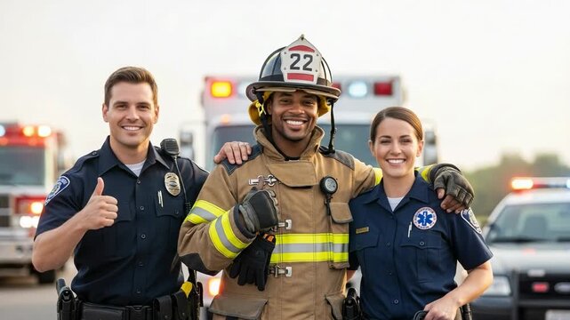 Smiling diverse team of male police officer, male firefighter, and female paramedic standing proudly together with emergency vehicles, representing essential first responders.