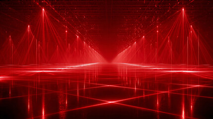 Bright Red Laser Beams in Dark Futuristic Room with Light Rays, Generative AI

