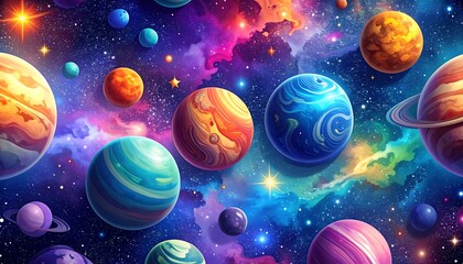 Colorful planets in a vibrant nebula