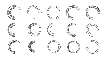 A collection of various circular progress indicators, showing different stages of completion.