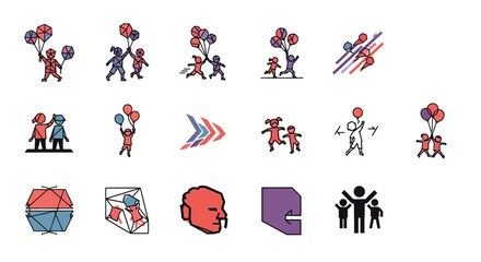 A collection of stylized vector icons depicting children playing with balloons, abstract shapes, and a simplified human head.