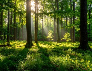 Obraz premium Sunlight streams through a lush forest (2)