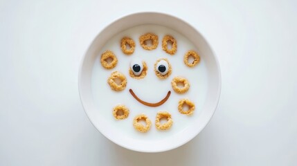35.A creative and amusing image of a bowl of cereal with milk, arranged to form a smiling face. The cereal is neatly placed to create eyes and a mouth, while the milk surrounds it, giving a