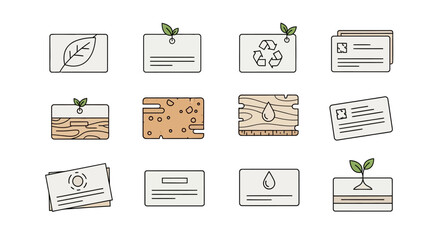 Eco-friendly business cards with various sustainable design elements.