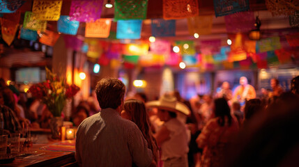 Obraz premium Colorful papel picado decorations hanging from the ceiling of a lively bar with people socializing and enjoying live music in a festive atmosphere.