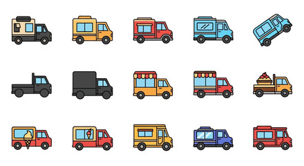 Collection of colorful food truck icons, various designs and styles.