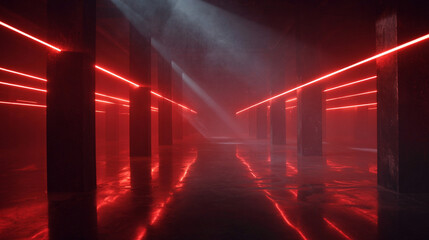 Bright Red Laser Beams in Dark Futuristic Room with Light Rays, Generative AI
