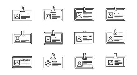 A collection of twelve simple line-art ID badge designs.